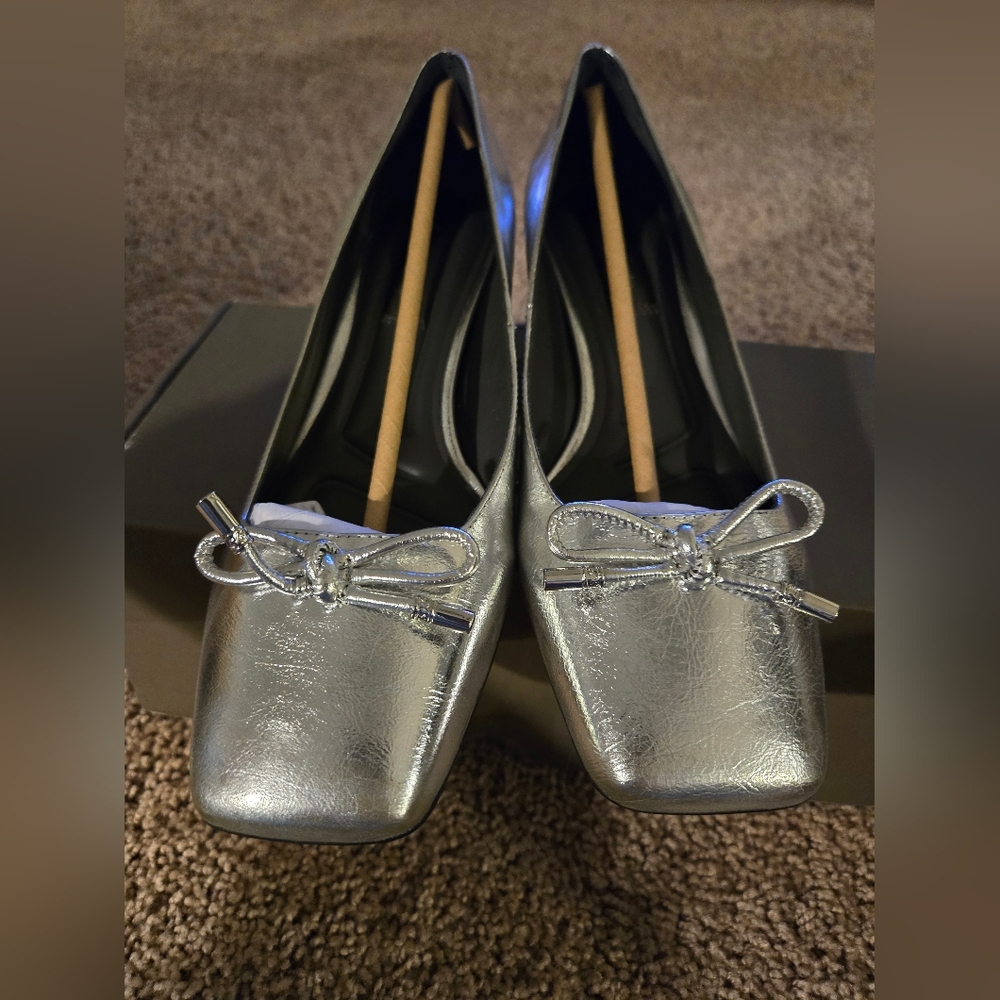 Franco Sarto Silver Metallic Square-Toe Block Heel Pump with Bow - Picture 12 of 14